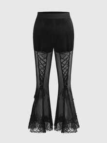 ROMWE Goth Plus Size Women's Sexy Lace Mesh Sheer Tie-Up Flare Pants - Black - View 1