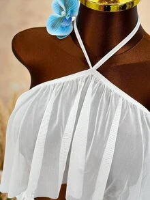 Mistrie White Halter Neck Criss-Cross Sheer Mesh Crop Top With Ruffle Hem Double Layer Mini Dress, Sexy Club Golf Party Dress Summer - White - View 7