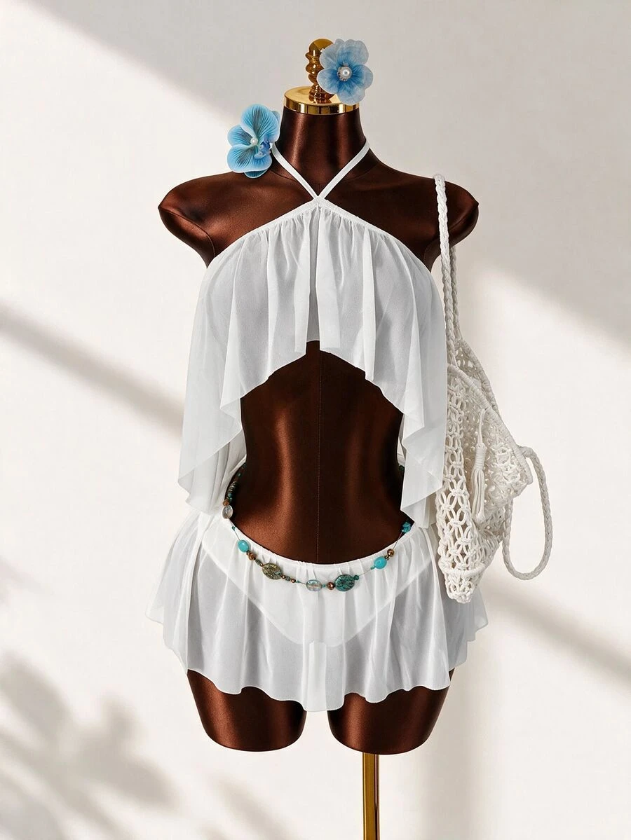 Mistrie White Halter Neck Criss-Cross Sheer Mesh Crop Top With Ruffle Hem Double Layer Mini Dress, Sexy Club Golf Party Dress Summer - White - View 1