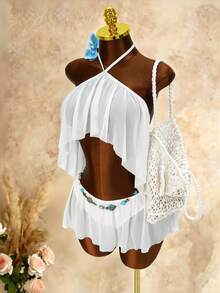 Mistrie White Halter Neck Criss-Cross Sheer Mesh Crop Top With Ruffle Hem Double Layer Mini Dress, Sexy Club Golf Party Dress Summer - White - View 6