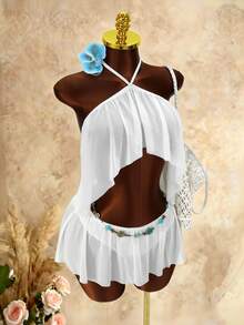 Mistrie White Halter Neck Criss-Cross Sheer Mesh Crop Top With Ruffle Hem Double Layer Mini Dress, Sexy Club Golf Party Dress Summer - White - View 4
