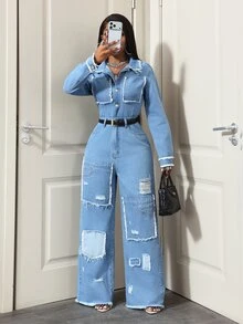 Slaydiva Women's Long Sleeve Single-Breasted Pocket Distressed Wide Leg Casual Denim Jumpsuit,Fall/Winter - Blue - View 8