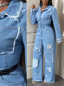 Slaydiva Women's Long Sleeve Single-Breasted Pocket Distressed Wide Leg Casual Denim Jumpsuit,Fall/Winter - Blue - View 1