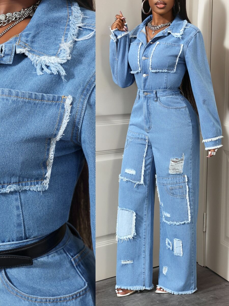 Slaydiva Women's Long Sleeve Single-Breasted Pocket Distressed Wide Leg Casual Denim Jumpsuit,Fall/Winter - Blue - View 1