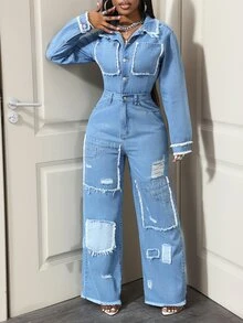 Slaydiva Women's Long Sleeve Single-Breasted Pocket Distressed Wide Leg Casual Denim Jumpsuit,Fall/Winter - Blue - View 4