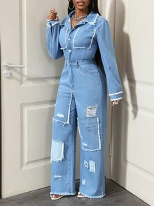 Slaydiva Women's Long Sleeve Single-Breasted Pocket Distressed Wide Leg Casual Denim Jumpsuit,Fall/Winter - Blue - View 3