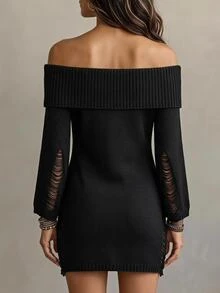 Linhara CURVE قطعة واحدة كنزة صوفية نسائية مقاس كبير بياقة وأكمام جرسية ممزقة بتصميم مطرز ضيق، مناسبة للهالوين والحفلات - الأسود - مشاهدة 2