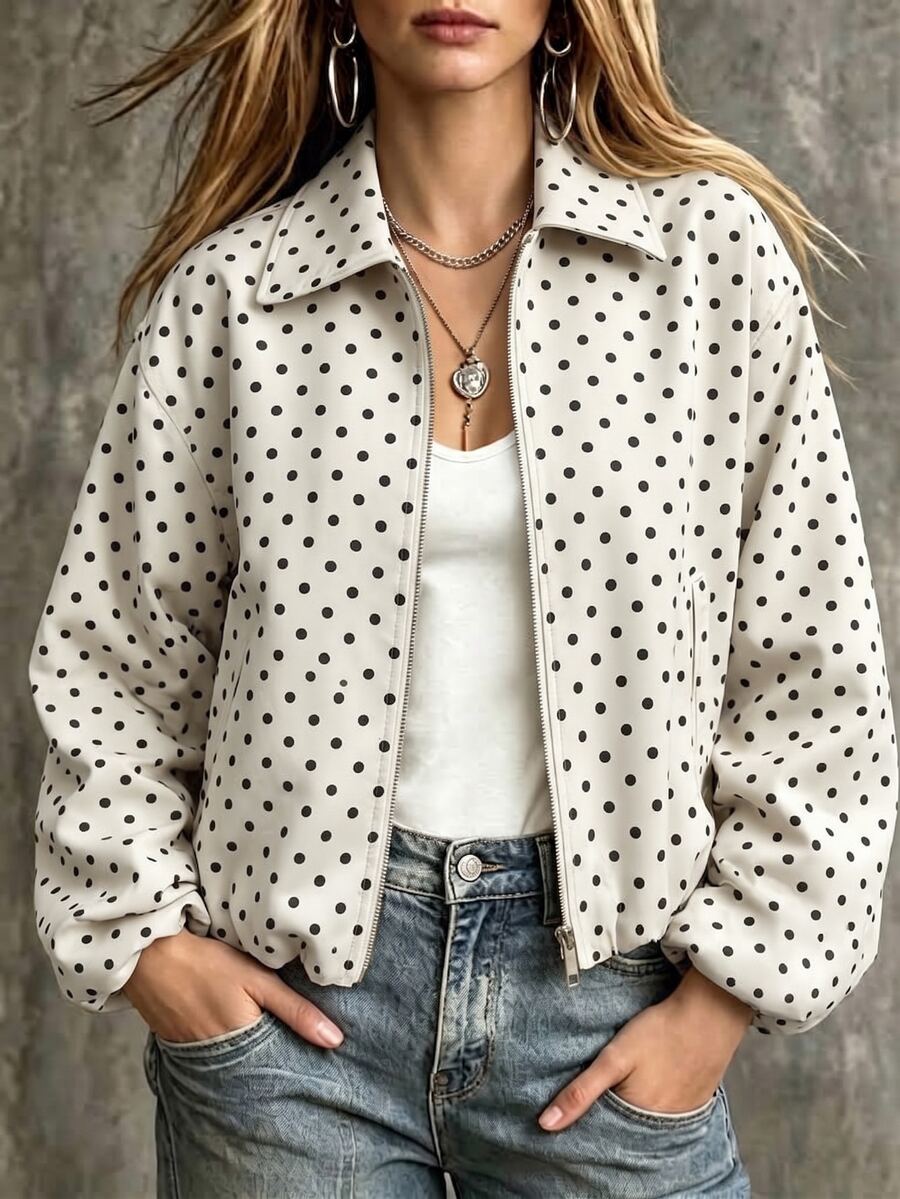 Cévolie Casual Loose Fit Polka Dot Lapel Jacket