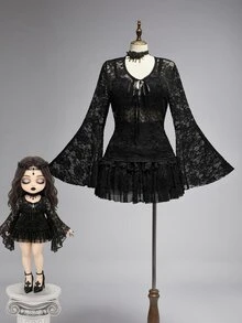 ROMWE Avant Plus Size Women Sexy Sheer Black Lace Tie Front Split Sleeve Top - Black - View 6