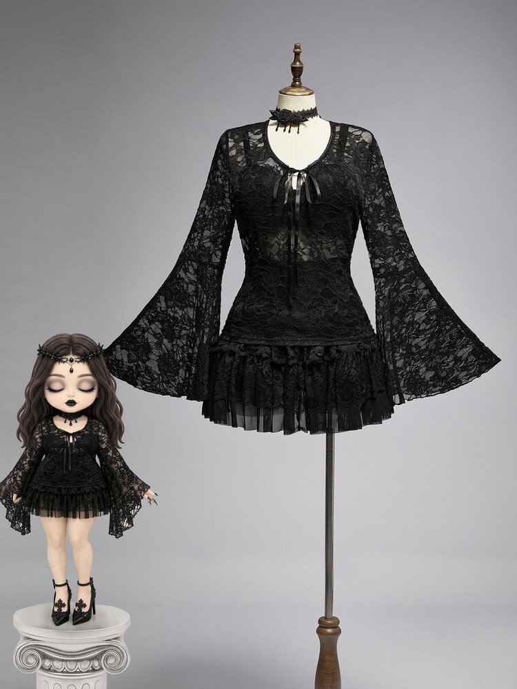 ROMWE Avant Plus Size Women Sexy Sheer Black Lace Tie Front Split Sleeve Top - Black - View 1