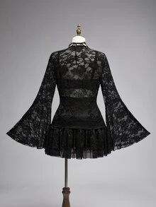 ROMWE Avant Plus Size Women Sexy Sheer Black Lace Tie Front Split Sleeve Top - Black - View 2