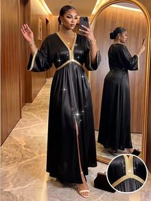 SHEIN Lady Plus Size Women's Vacation Patchwork Woven Deep V-Neck Elegant Dress Evening Party Black And Gold Autumn Fall Halloween Vintage Party Dress New Year - Black - View 5