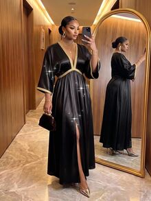 SHEIN Lady Plus Size Women's Vacation Patchwork Woven Deep V-Neck Elegant Dress Evening Party Black And Gold Autumn Fall Halloween Vintage Party Dress New Year - Black - View 4