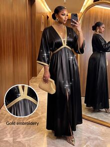 SHEIN Lady Plus Size Women's Vacation Patchwork Woven Deep V-Neck Elegant Dress Evening Party Black And Gold Autumn Fall Halloween Vintage Party Dress New Year - Black - View 1