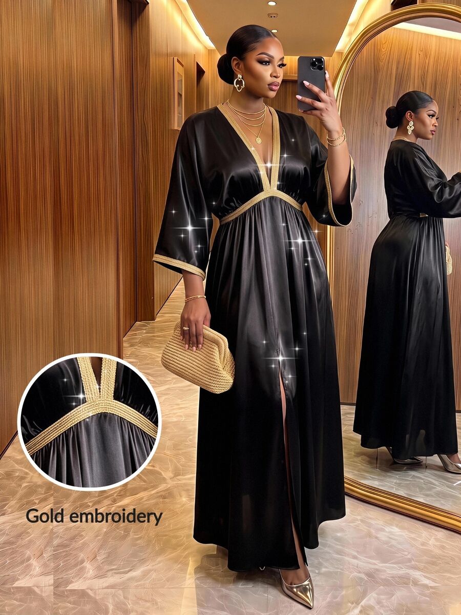 SHEIN Lady Plus Size Women's Vacation Patchwork Woven Deep V-Neck Elegant Dress Evening Party Black And Gold Autumn Fall Halloween Vintage Party Dress New Year - Black - View 1