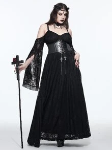 ROMWE Dark Gothic Plus Size Women's Long Dress Lace Hollow-Out Cold Shoulder Design Halloween Party Evening Gown - Black - View 7