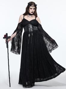 ROMWE Dark Gothic Plus Size Women's Long Dress Lace Hollow-Out Cold Shoulder Design Halloween Party Evening Gown - Black - View 1