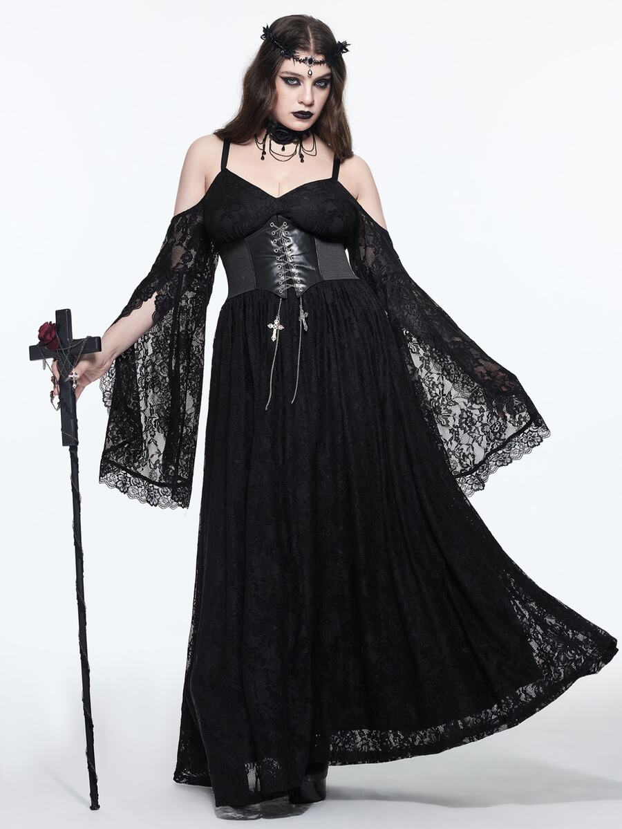 ROMWE Dark Gothic Plus Size Women's Long Dress Lace Hollow-Out Cold Shoulder Design Halloween Party Evening Gown - Black - View 1