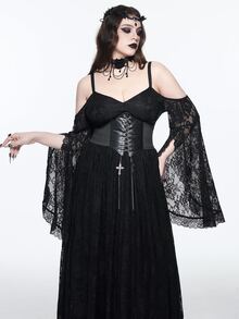 ROMWE Dark Gothic Plus Size Women's Long Dress Lace Hollow-Out Cold Shoulder Design Halloween Party Evening Gown - Black - View 10