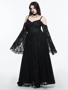 ROMWE Dark Gothic Plus Size Women's Long Dress Lace Hollow-Out Cold Shoulder Design Halloween Party Evening Gown - Black - View 4