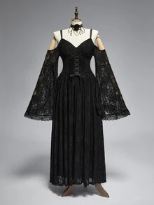 ROMWE Dark Gothic Plus Size Women's Long Dress Lace Hollow-Out Cold Shoulder Design Halloween Party Evening Gown - Black - View 11