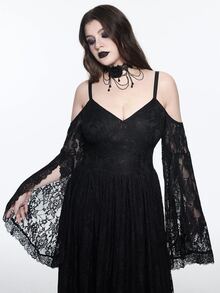 ROMWE Dark Gothic Plus Size Women's Long Dress Lace Hollow-Out Cold Shoulder Design Halloween Party Evening Gown - Black - View 5