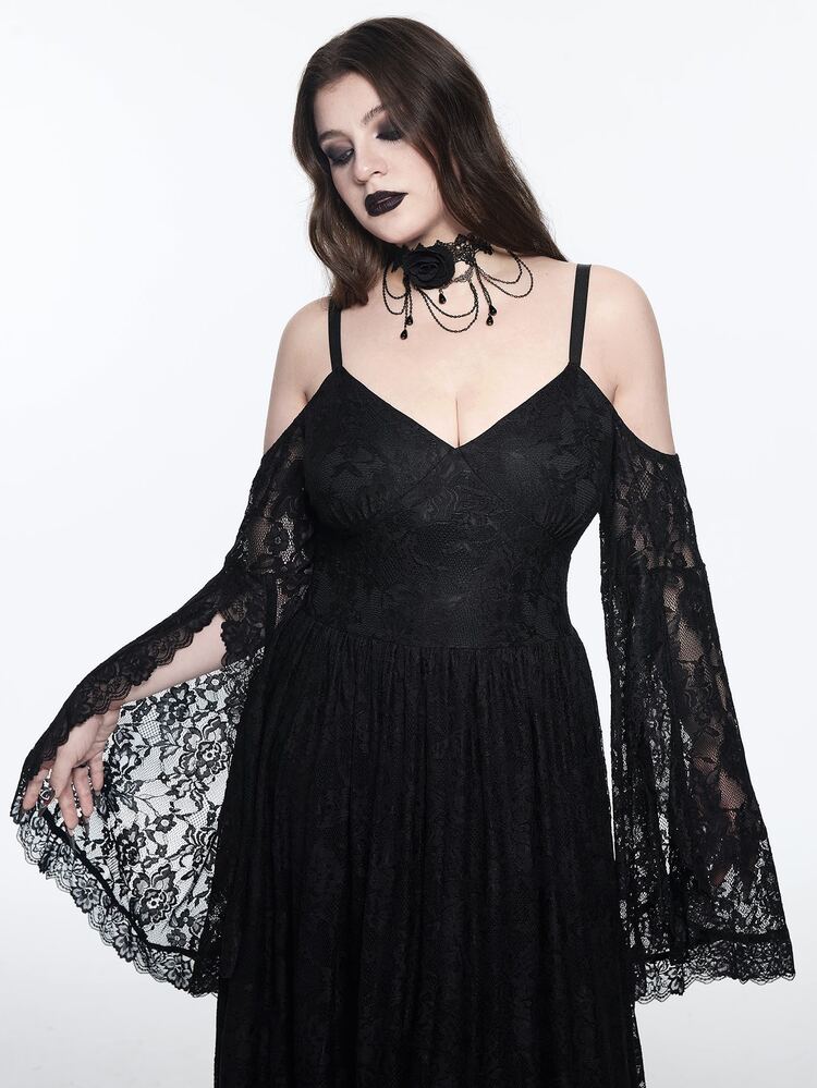 ROMWE Dark Gothic Plus Size Women's Long Dress Lace Hollow-Out Cold Shoulder Design Halloween Party Evening Gown - Black - View 5
