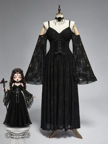 ROMWE Dark Gothic Plus Size Women's Long Dress Lace Hollow-Out Cold Shoulder Design Halloween Party Evening Gown - Black - View 15