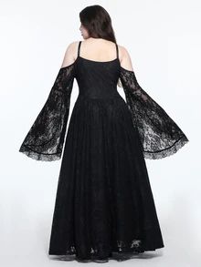 ROMWE Dark Gothic Plus Size Women's Long Dress Lace Hollow-Out Cold Shoulder Design Halloween Party Evening Gown - Black - View 3