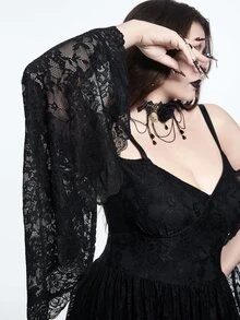 ROMWE Dark Gothic Plus Size Women's Long Dress Lace Hollow-Out Cold Shoulder Design Halloween Party Evening Gown - Black - View 2