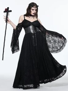 ROMWE Dark Gothic Plus Size Women's Long Dress Lace Hollow-Out Cold Shoulder Design Halloween Party Evening Gown - Black - View 8