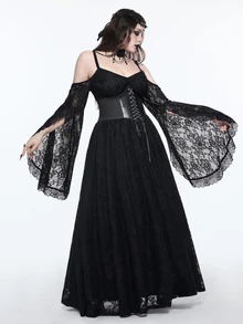 ROMWE Dark Gothic Plus Size Women's Long Dress Lace Hollow-Out Cold Shoulder Design Halloween Party Evening Gown - Black - View 9