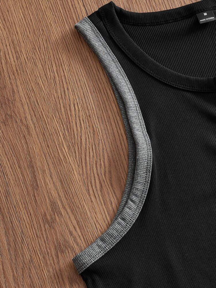 ESTAVOR Men's Summer Casual Slim Fit Crew Neck Tank Top T-Shirt Standard Size Black Grey Colorblock Solid - Black - View 5