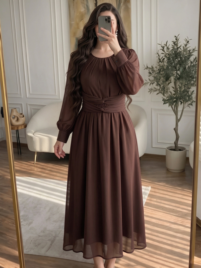 Modelyn Women's Elegant Casual Gentle Style Round Neck High Waist Cross Knot Cinched Waist Draped Flowy Soft Plus Size Dress Cocktail Party Brown Autumn