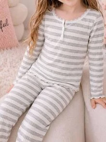 SHEIN Kids Tween Girls Striped Pattern V-Neck Half-Button Scalloped Long Sleeve Pants Soft Comfortable Loungewear Pajama Set 2pcs - Multicolor - View 7