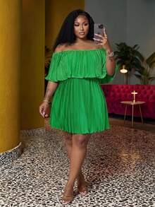 Veslaya Plus Size Off-Shoulder Ruffled Neckline Loose Green Dress In Pleated Fabric - Green - View 1