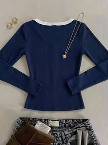 SHEIN Tween Girls Blend Blue Kids Striped Long Sleeve T-Shirt - Navy Blue - View 2