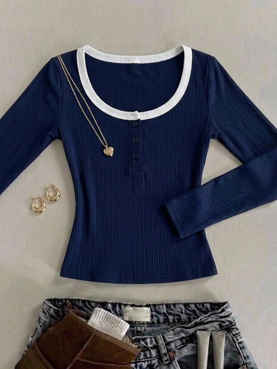 SHEIN Tween Girls Blend Blue Kids Striped Long Sleeve T-Shirt - Navy Blue - View 1