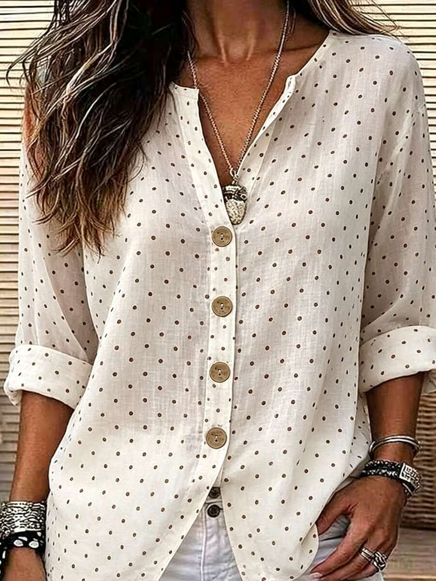 Breezaya Kemeja Kasual Wanita Motif Polkadot untuk Liburan - Aprikot - View 1