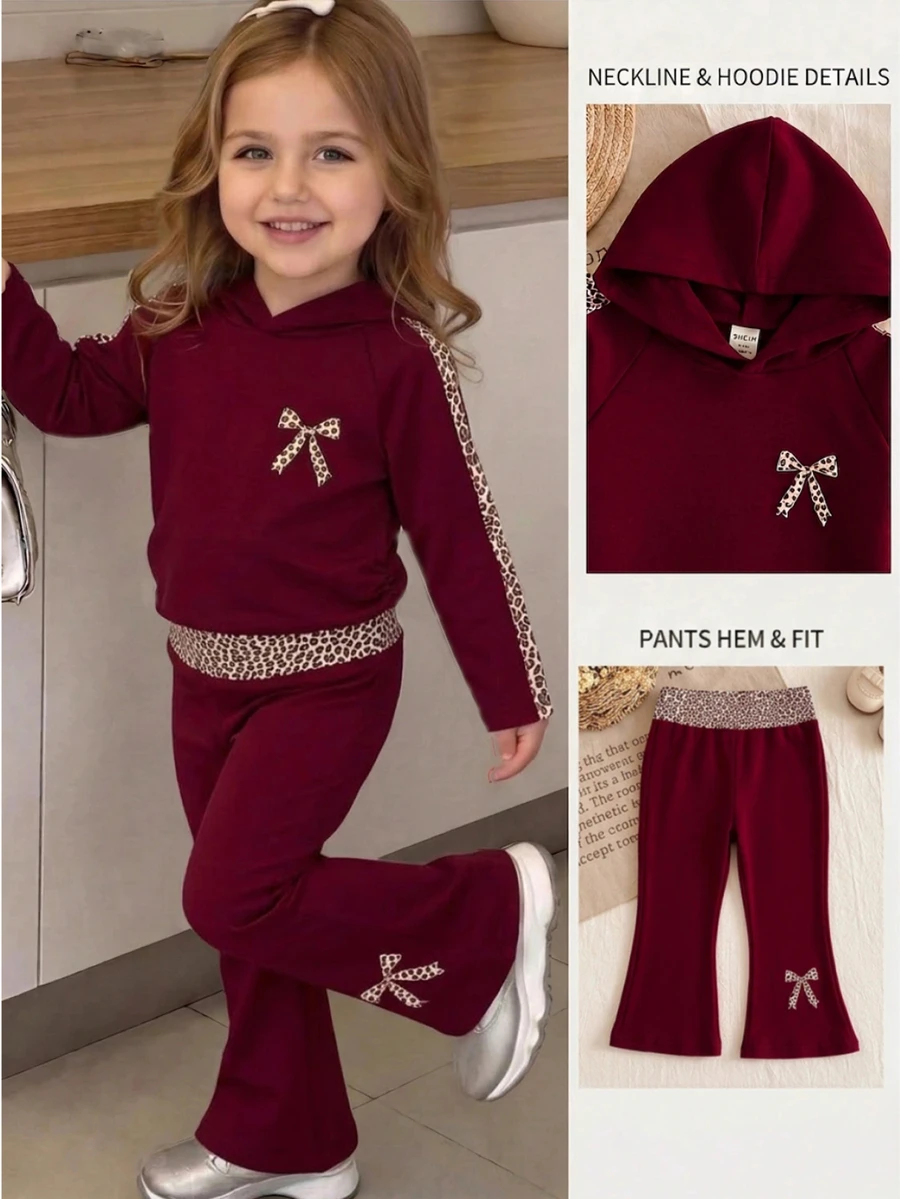 SHEIN 2pcs Toddler Baby Girls Hoodie + Flare Pants Sweet Burgundy Leopard Bow Patchwork Long Sleeve Hooded Regular Birthday Fall Holiday Sweaters Ribbed - Burgundy - View 1