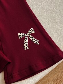 SHEIN 2pcs Toddler Baby Girls Hoodie + Flare Pants Sweet Burgundy Leopard Bow Patchwork Long Sleeve Hooded Regular Birthday Fall Holiday Sweaters Ribbed - Burgundy - View 4