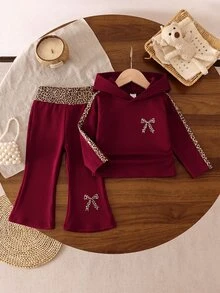SHEIN 2pcs Toddler Baby Girls Hoodie + Flare Pants Sweet Burgundy Leopard Bow Patchwork Long Sleeve Hooded Regular Birthday Fall Holiday Sweaters Ribbed - Burgundy - View 7