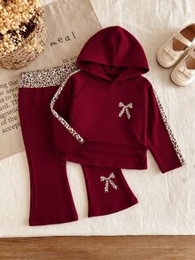 SHEIN 2pcs Toddler Baby Girls Hoodie + Flare Pants Sweet Burgundy Leopard Bow Patchwork Long Sleeve Hooded Regular Birthday Fall Holiday Sweaters Ribbed - Burgundy - View 8