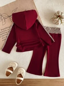 SHEIN 2pcs Toddler Baby Girls Hoodie + Flare Pants Sweet Burgundy Leopard Bow Patchwork Long Sleeve Hooded Regular Birthday Fall Holiday Sweaters Ribbed - Burgundy - View 2