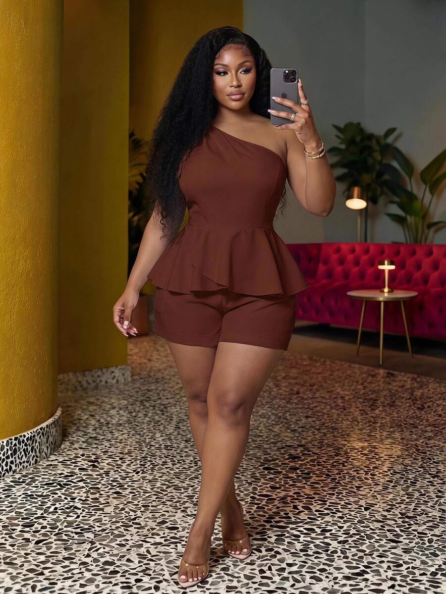 Veslaya Women's Plus Size Solid Color One-Shoulder Top And Shorts Casual Daily 2-Piece Set - Rust Brown - View 1