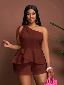 Veslaya Women's Plus Size Solid Color One-Shoulder Top And Shorts Casual Daily 2-Piece Set - Rust Brown - View 7