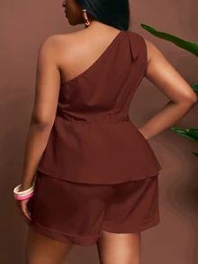 Veslaya Women's Plus Size Solid Color One-Shoulder Top And Shorts Casual Daily 2-Piece Set - Rust Brown - View 2