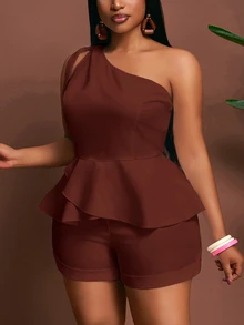 Veslaya Women's Plus Size Solid Color One-Shoulder Top And Shorts Casual Daily 2-Piece Set - Rust Brown - View 3