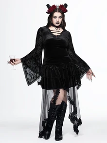 ROMWE Vintage Gothic Plus Size Lace Blouse V-Neck Tie-Up Embroidered Sheer Bell Sleeve Long Sleeve Slimming Top - Black - View 9