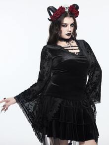 ROMWE Vintage Gothic Plus Size Lace Blouse V-Neck Tie-Up Embroidered Sheer Bell Sleeve Long Sleeve Slimming Top - Black - View 8